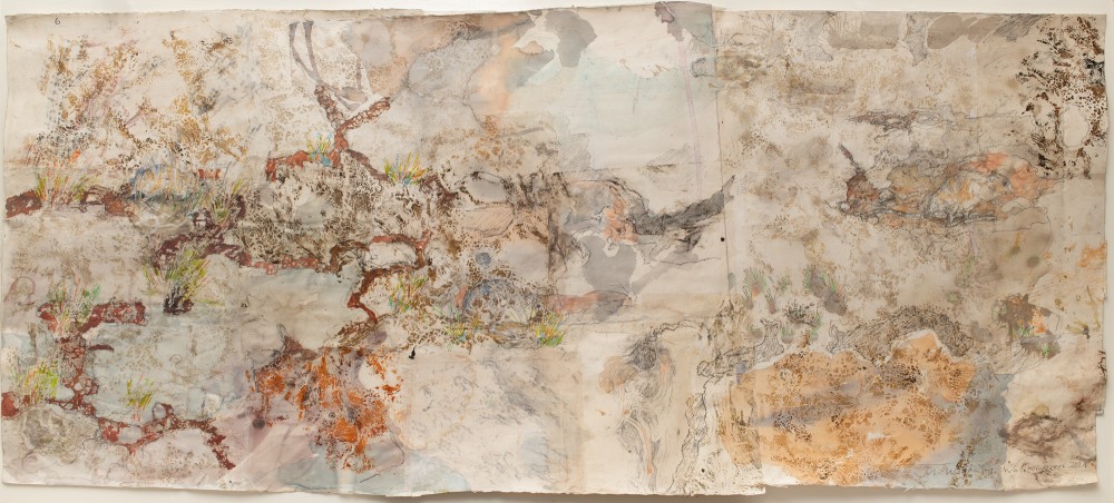 Burrowing Bettongs return,  Watikinpirri  2024 watercolour and relief print  on Gampi and Arches paper 86 x 200 cm